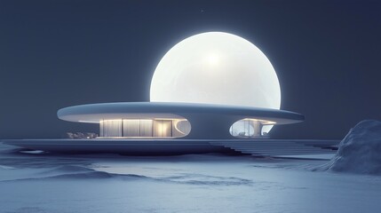 Poster - A futuristic, minimalist space station orbiting a glowing white planet