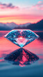 A stunning 3D-rendered glass diamond with a mesmerizing refraction effect. Vibrant, colorful light reflections dance across its surface, creating a modern, elegant, and luxurious visual appeal