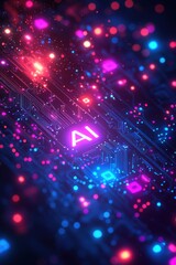 Poster - Futuristic digital circuit board with neon AI lights glowing in vibrant colors