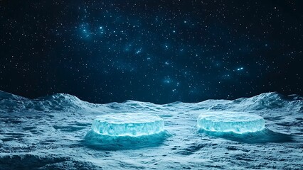 Wall Mural - two glowing ice platforms on the moon surface under a starry night sky.