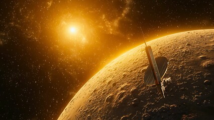 Wall Mural - spacecraft flying near a planet with the sun in the background.