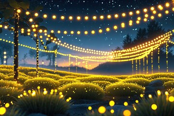 Wall Mural - Serene Yellow Landscape with Bright Twinkling Lights and Joyful Digital Illumination
