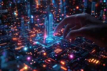 Poster - Hand interacting with a futuristic glowing digital cityscape sculpture