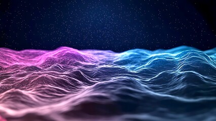 Poster - an abstract illustration of a wavy, colorful, ocean-like landscape under a starry sky.