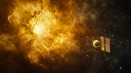 Wall Mural - a satellite is exploring the galaxy with a nebula in the background.