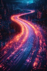 Poster - Abstract visualization of flowing digital data with vibrant neon colors