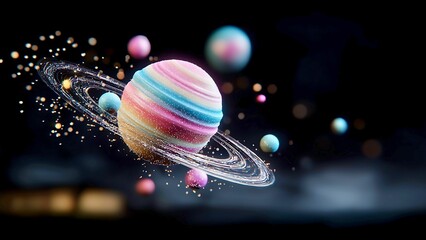 Wall Mural - colorful planet and other planets and ring orbiting it.