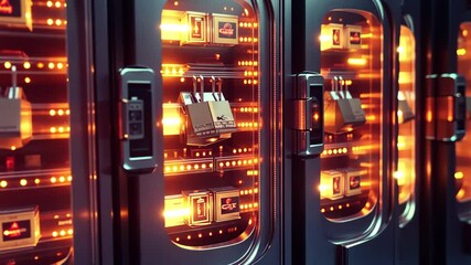 Poster - Processing data in a secure digital database with illuminated servers and locks, Processing data, discovering database over digital shopping icons and locks