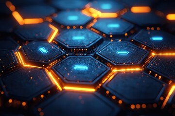 Poster - Futuristic glowing hexagonal panels with vibrant blue neon lights