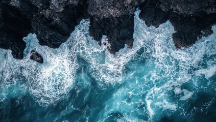 Poster - Aerial View of Ocean Waves Crashing Against Rocky Shoreline with White Foam and Deep Blue Waters Highlighting Natural Coastal Beauty