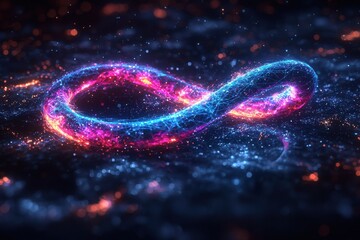 Poster - Neon lit infinity symbol representing technology and connection on dark background