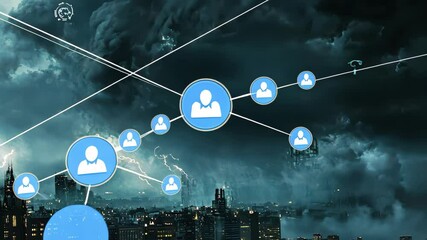 Poster - Digital network overlays stormy skyline showcasing the impact of technology on urban landscapes, network of connections with icons over storm