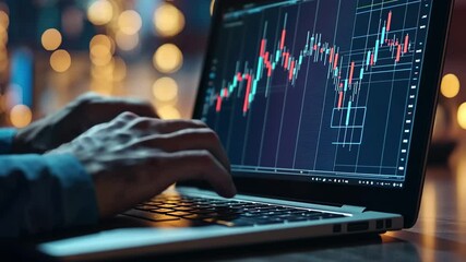 Poster - Businessman works late at night on laptop with stock market analytics in a dimly lit setting, close up business man using a laptop to work with financial charts