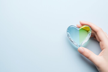 Poster - Hand holding a colorful glass heart on a light background during a creative display