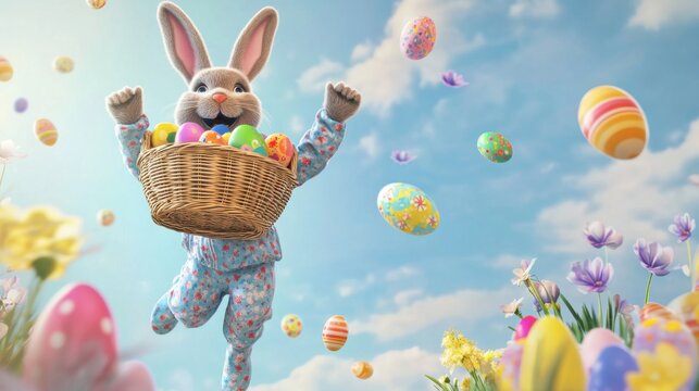 3D render of a cute, happy, smiling Easter bunny in pink pants and a white shirt