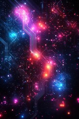 Poster - abstract colorful circuit board with glowing technology elements for digital themes
