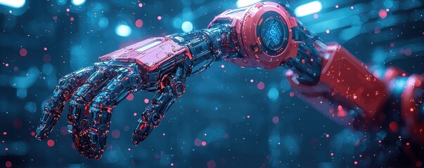 Poster - Futuristic robotic arm glowing with energy in a digital abstract setting