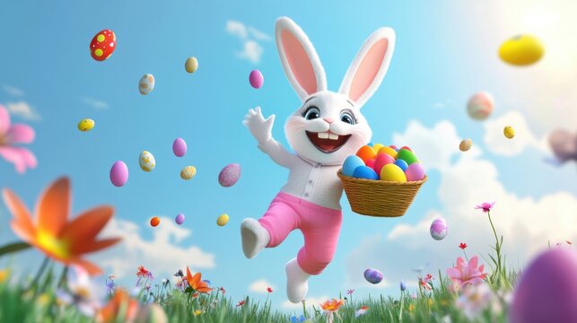 3D render of a cute, happy, smiling Easter bunny in pink pants and a white shirt