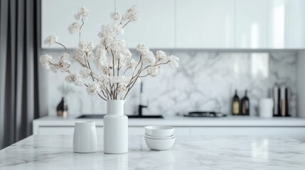 Poster - An exquisite arrangement of delicate white flowers sits in a sleek vase on a polished marble countertop. The bright kitchen, adorned with neutral tones, embraces a serene ambiance