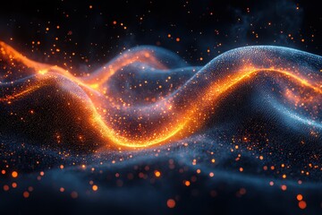 Poster - Vibrant Abstract Digital Landscape with Glowing Light Waves and Particles