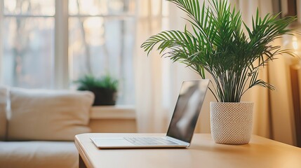 Poster - A clean workspace with just a laptop and a potted plant