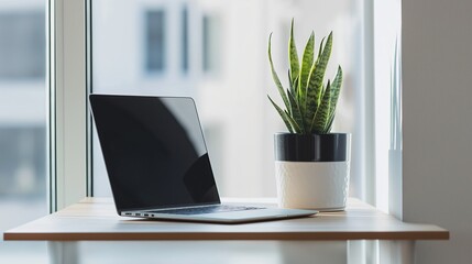 Poster - A clean workspace with just a laptop and a potted plant