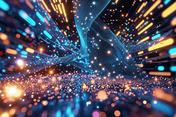Wall Mural - Dynamic Abstract Technology Background with Shimmering Particles and Flowing Mesh Design