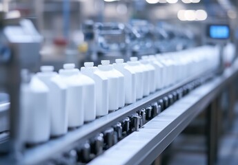 Poster - Assembly line of white plastic bottles on conveyor belt in modern manufacturing facility with blurred background and soft lighting showcasing production process