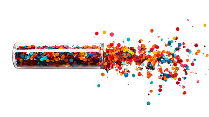Colorful confetti exploding from a glass capsule.