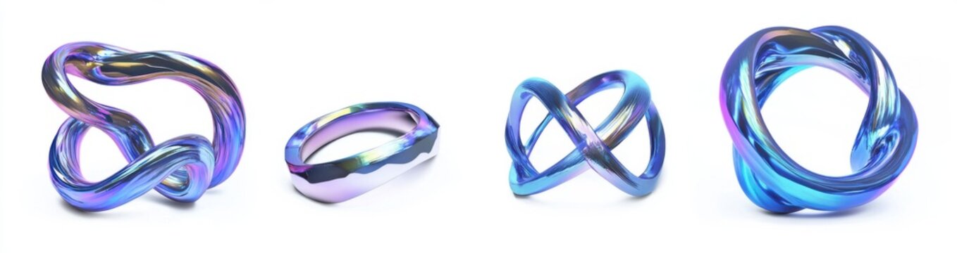 A set of twisted metal rings, fluid shapes, 3D render, white background, holographic iridescent colors