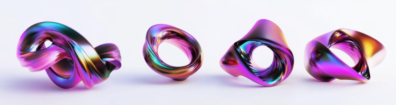A set of twisted metal rings, fluid shapes, 3D render, white background, holographic iridescent colors