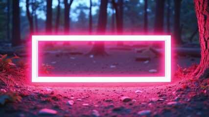 Aufkleber - Rectangular neon shimmering luminous form on the background of a dirt forest surface, rectangular neon for product display presentation