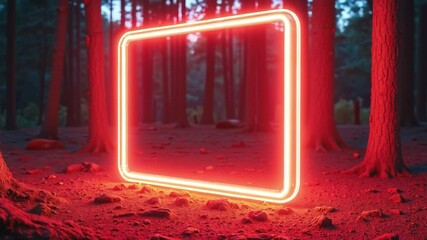 Aufkleber - Rectangular neon shimmering luminous form on the background of a dirt forest surface, rectangular neon for product display presentation