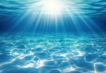Poster - Beautiful underwater scene with sunlight rays penetrating clear blue ocean water and creating a tranquil aquatic atmosphere for exploration and relaxation