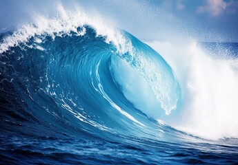 Poster - Captivating Turquoise Wave Crashing Against Ocean Surface in Vibrant Blue Sky with Bubbles and Foam, Nature's Majestic Oceanic Display