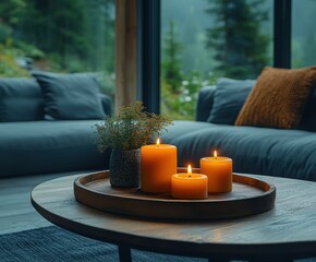 Aufkleber - Wax Candles Placed on Wooden Tray in Living Room