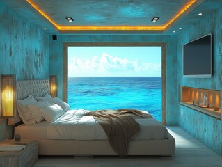 Aufkleber - Ocean View Bedroom with Modern Decoration