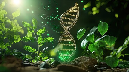 Poster - AI-assisted plant growth: DNA strands intertwined with green leaves in a futuristic setting.