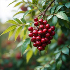 Poster - Red Berries Shine. Deep Green Leaves Abound. Natural Beauty Unveiled. A Peaceful Scene Of Vivid Colors. Soft Light Enhances A Tranquil Outdoor Environment. Close-up Photography Highlights Intricate