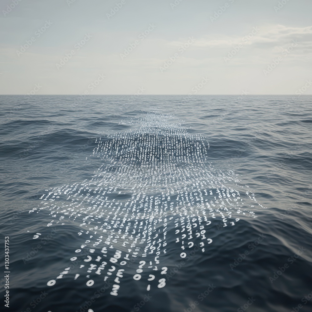 Digital Data Flow Over Calm Ocean Surface with Binary Code ...