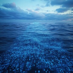 Aufkleber - Digital Ocean Waves with Binary Code Representing Data Connectivity in a Surreal Seascape Under a Cloudy Sky at Dusk