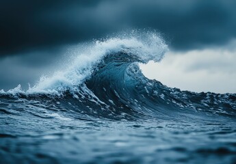 Poster - Dramatic Close-Up of Ocean Wave Crashing Against the Surface Under Dark Overshadowing Clouds