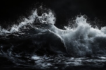 Poster - Dramatic Ocean Waves Crashing Powerfully Against Each Other in Dark, Intense Seascape Capturing Motion and Energy in Black and White Tones