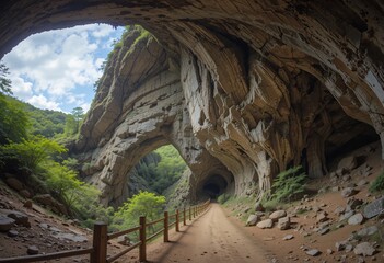 Poster - Cave Entrance View, Natural Archways. Stone Path Leads To Earth's Depths. Rugged Textures And Soft Light Create An Inviting Adventure. Discover The Grandeur And Intimate Details. Earth Tones Blend