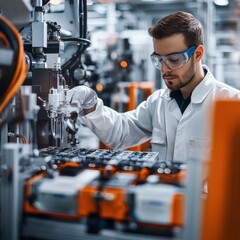 Fototapete - Engineer Inspecting Automated Machinery in Factory with Safety Goggles for Quality Control