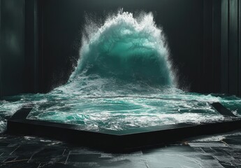 Poster - Dramatic Turbulent Waves Crashing in a Dark Indoor Space Creating a Stunning Visual Contrast of Light and Shadow with a Powerful Oceanic Feel