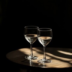 Leinwandbilder - Wine Glasses in Dramatic Light: Two crystal glasses, partially filled, illuminated by a stark beam of light on a dark background.