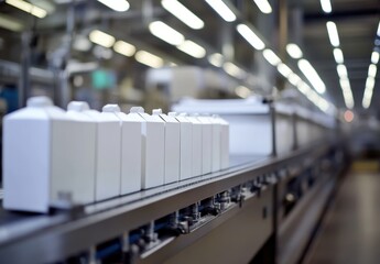 Poster - Empty white cartons moving along a conveyor belt inside a modern food packaging facility with bright lights and clean environment