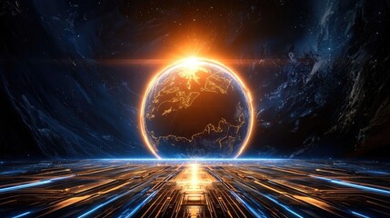 Poster - digital future concept with blue neon networks, deep ai connections, and high-tech energy.