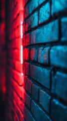 Poster - A striking contrast emerges as bright neon lights illuminate the rough brick wall, casting a captivating interplay of red and blue shades in an urban setting